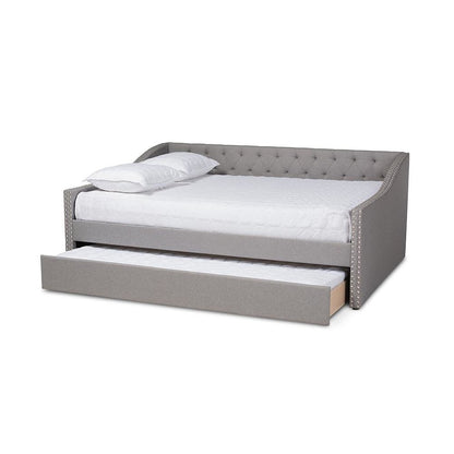 Light Grey Fabric Upholstered Queen Size Daybed with Roll-Out Trundle Bed