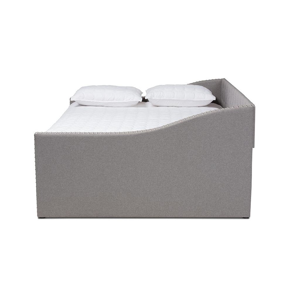 Light Grey Fabric Upholstered Queen Size Daybed with Roll-Out Trundle Bed
