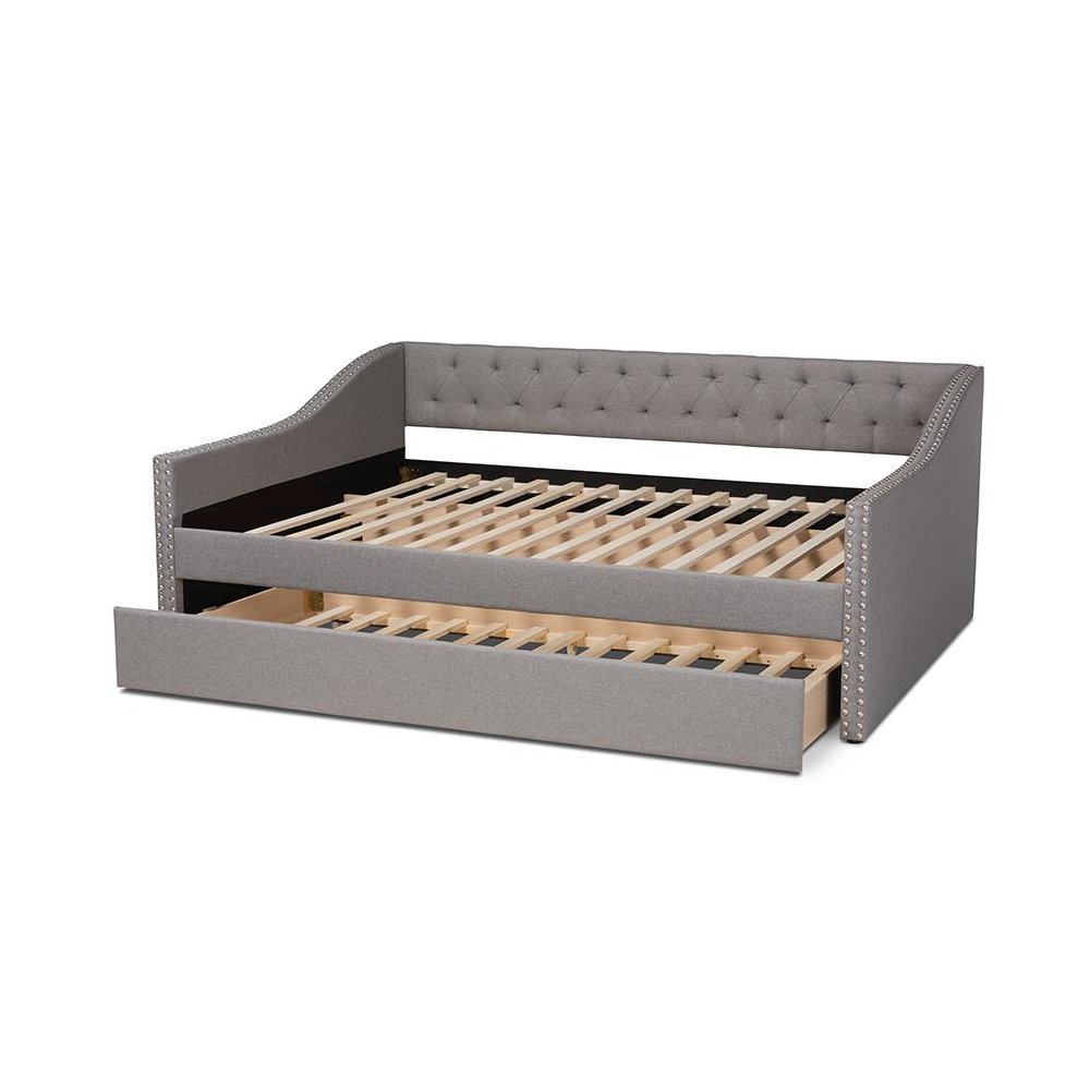 Light Grey Fabric Upholstered Queen Size Daybed with Roll-Out Trundle Bed