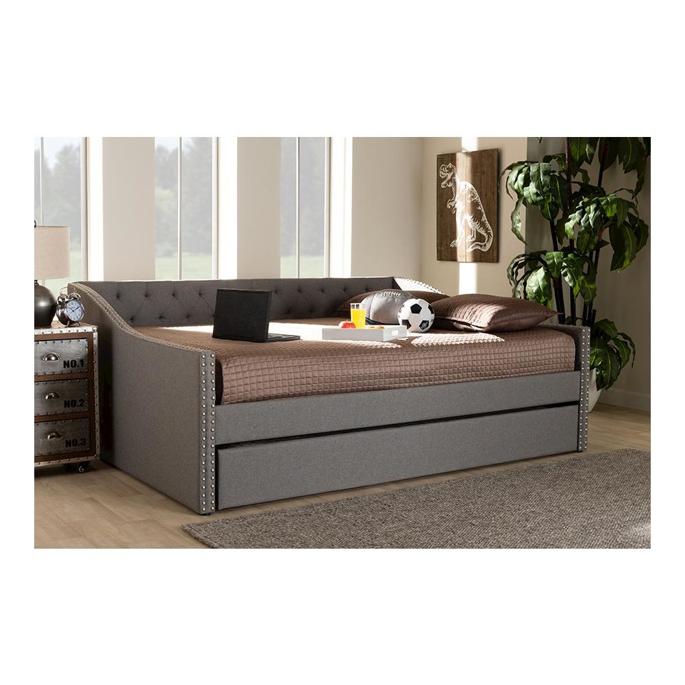 Light Grey Fabric Upholstered Queen Size Daybed with Roll-Out Trundle Bed