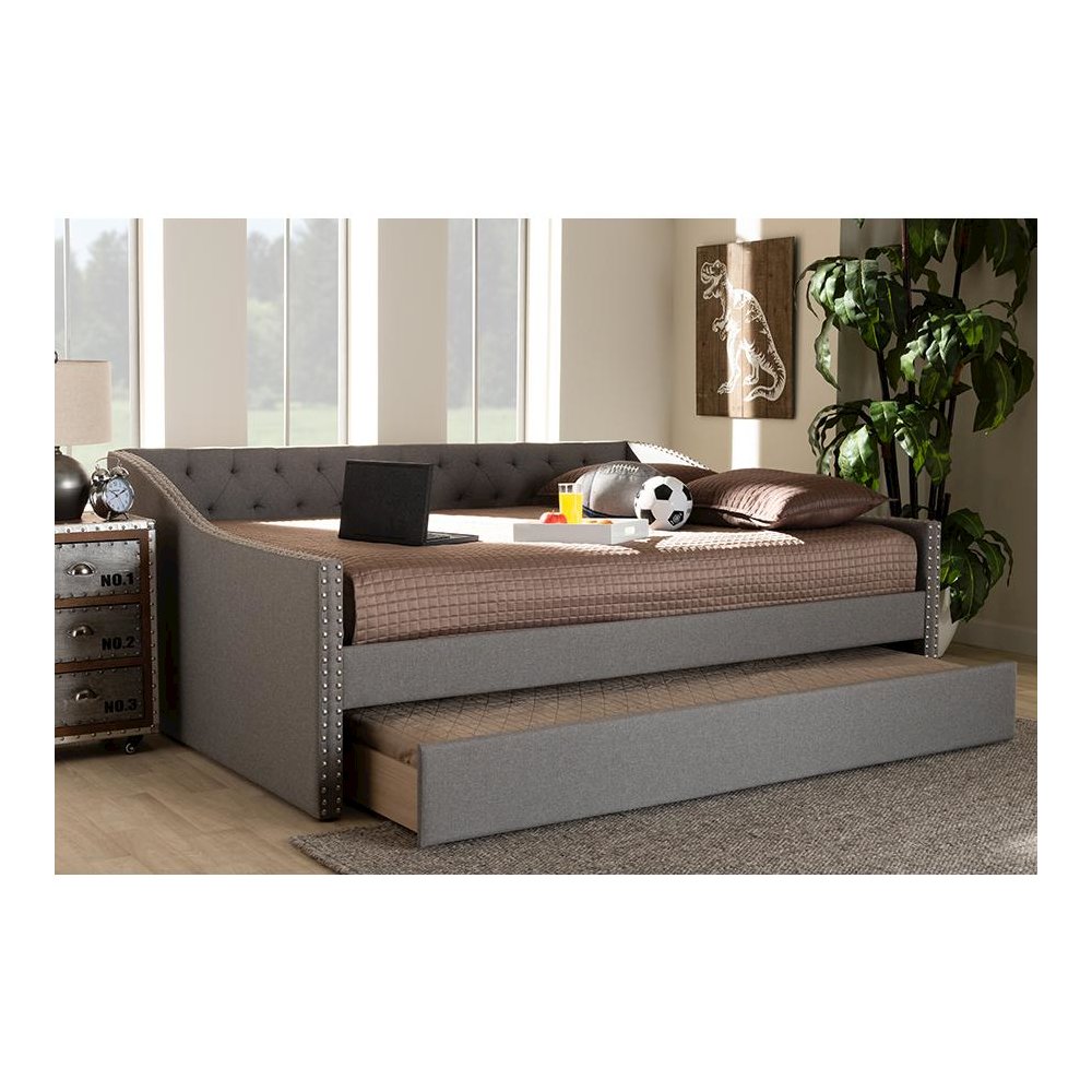 Light Grey Fabric Upholstered Full Size Daybed with Roll-Out Trundle Bed