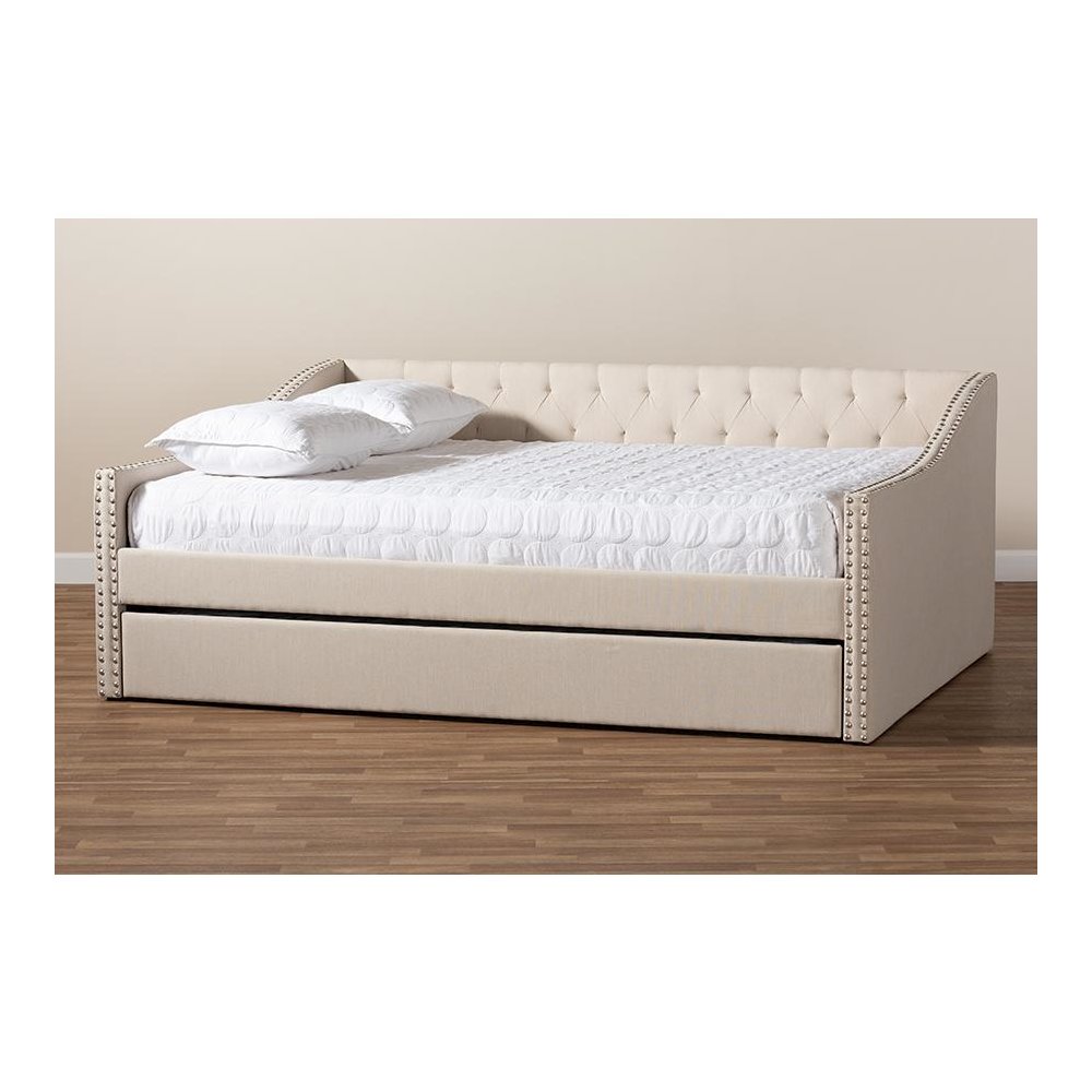 Beige Fabric Upholstered Queen Size Daybed with Roll-Out Trundle Bed