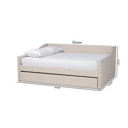 Beige Fabric Upholstered Queen Size Daybed with Roll-Out Trundle Bed