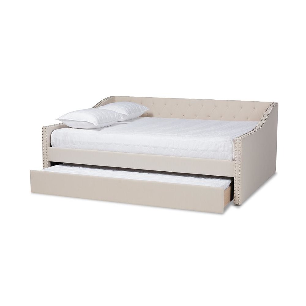 Beige Fabric Upholstered Queen Size Daybed with Roll-Out Trundle Bed