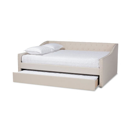 Beige Fabric Upholstered Queen Size Daybed with Roll-Out Trundle Bed