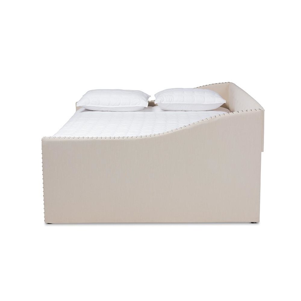 Beige Fabric Upholstered Queen Size Daybed with Roll-Out Trundle Bed