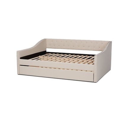 Beige Fabric Upholstered Queen Size Daybed with Roll-Out Trundle Bed