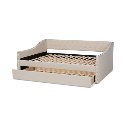 Beige Fabric Upholstered Queen Size Daybed with Roll-Out Trundle Bed