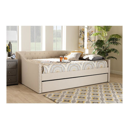 Beige Fabric Upholstered Queen Size Daybed with Roll-Out Trundle Bed