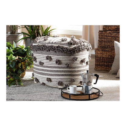 Eligah Moroccan Inspired Ivory and Brown Handwoven Wool Pouf Ottoman