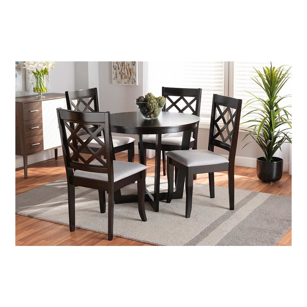 Grey Fabric Upholstered and Dark Brown Finished Wood 5-Piece Dining Set