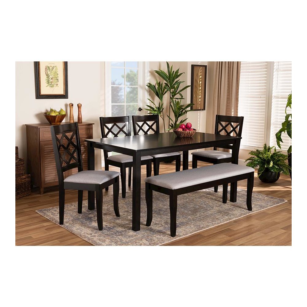 Grey Fabric Upholstered and Dark Brown Finished Wood 6-Piece Dining Set