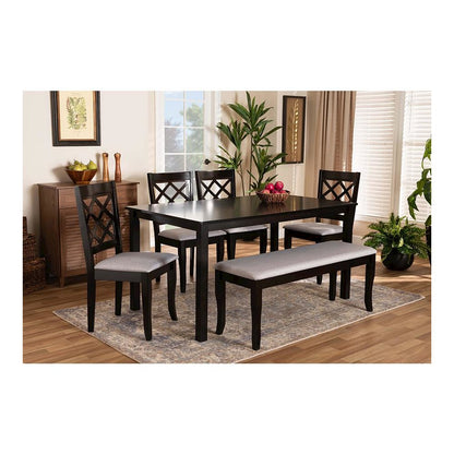 Grey Fabric Upholstered and Dark Brown Finished Wood 6-Piece Dining Set