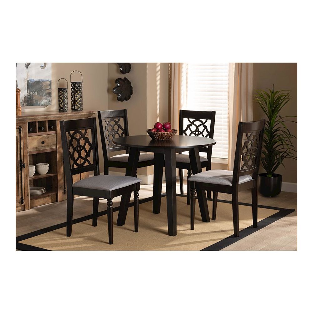 Grey Fabric Upholstered and Walnut Brown Finished Wood 5-Piece Dining Set