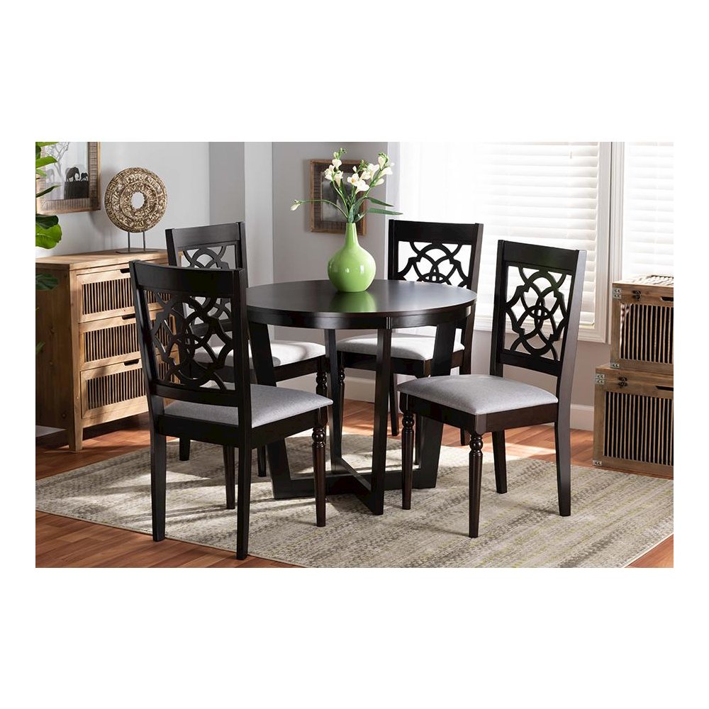 Grey Fabric Upholstered and Dark Brown Finished Wood 5-Piece Dining Set