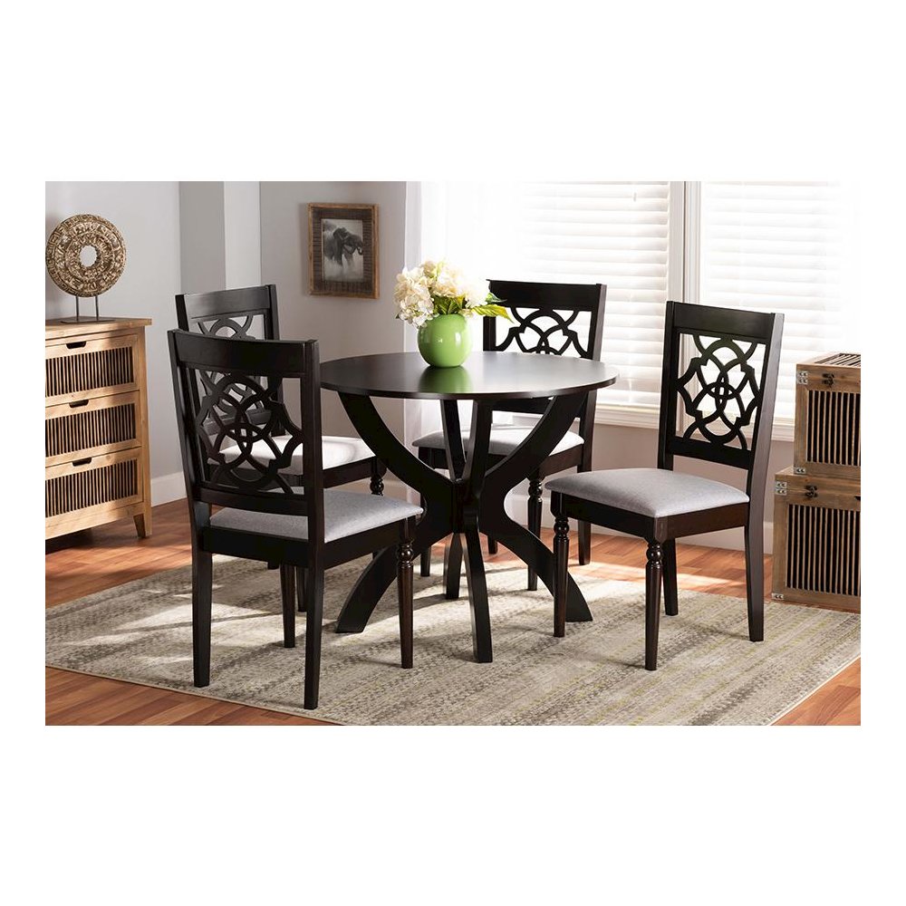 Grey Fabric Upholstered and Dark Brown Finished Wood 5-Piece Dining Set