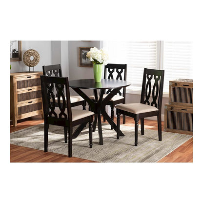 Sand Fabric Upholstered and Dark Brown Finished Wood 5-Piece Dining Set