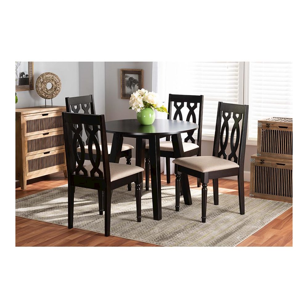 Sand Fabric Upholstered and Dark Brown Finished Wood 5-Piece Dining Set