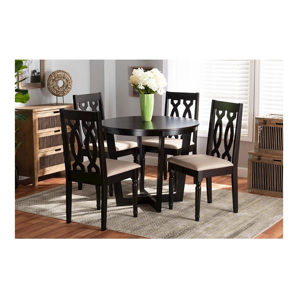 Sand Fabric Upholstered and Dark Brown Finished Wood 5-Piece Dining Set