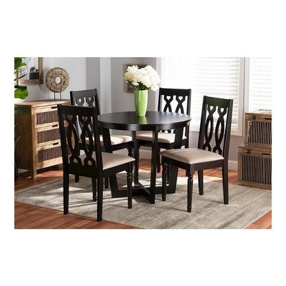 Sand Fabric Upholstered and Dark Brown Finished Wood 5-Piece Dining Set