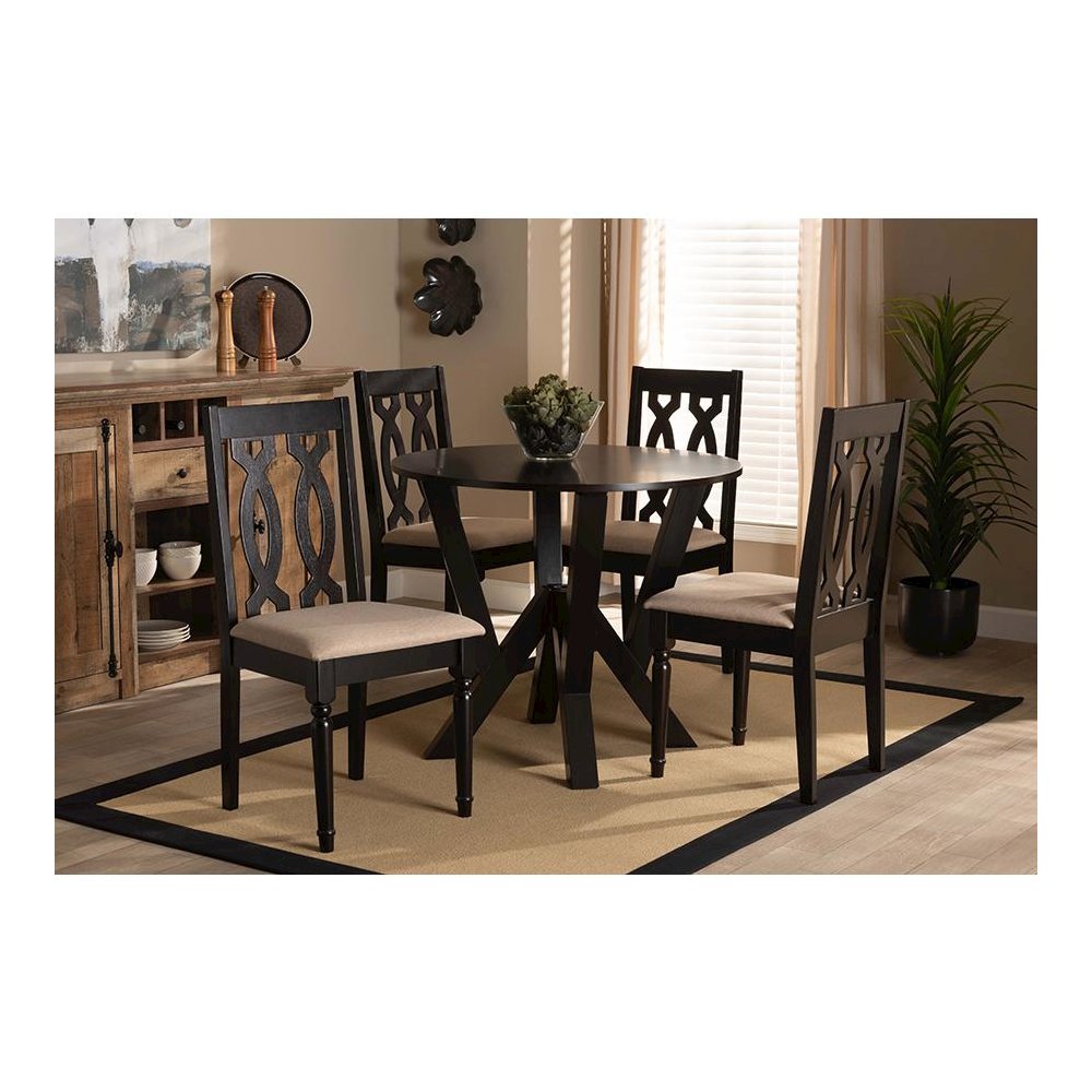 Sand Fabric Upholstered and Dark Brown Finished Wood 5-Piece Dining Set
