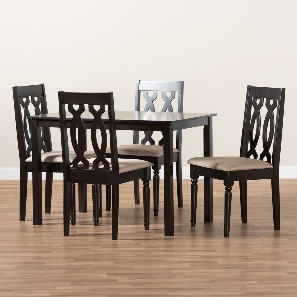 Sand Fabric Upholstered Espresso Brown Finished 5-Piece Wood Dining Set