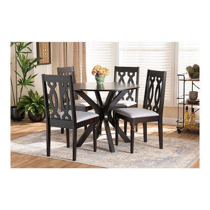 Grey Fabric Upholstered and Dark Brown Finished Wood 5-Piece Dining Set