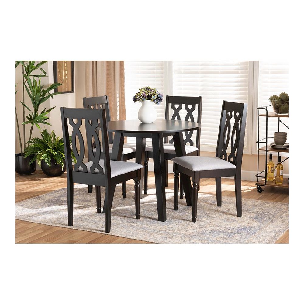 Grey Fabric Upholstered and Dark Brown Finished Wood 5-Piece Dining Set