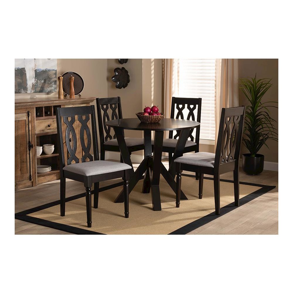Grey Fabric Upholstered and Dark Brown Finished Wood 5-Piece Dining Set