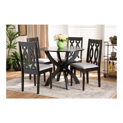 Grey Fabric Upholstered and Dark Brown Finished Wood 5-Piece Dining Set