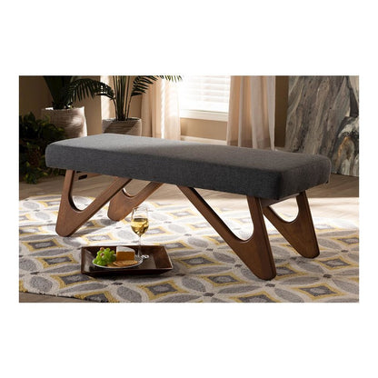 Dark Grey Fabric Upholstered Walnut Brown Finished Boomerang Bench