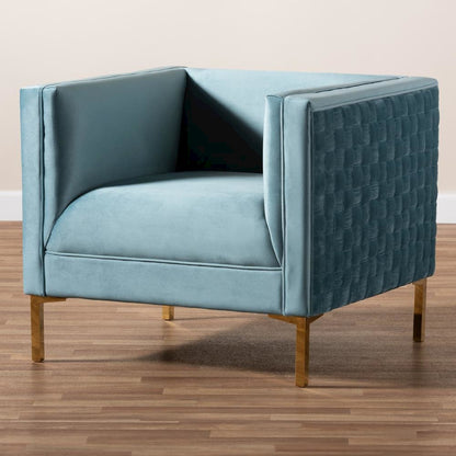Luxe Light Blue Velvet Fabric Upholstered Gold Finished Armchair