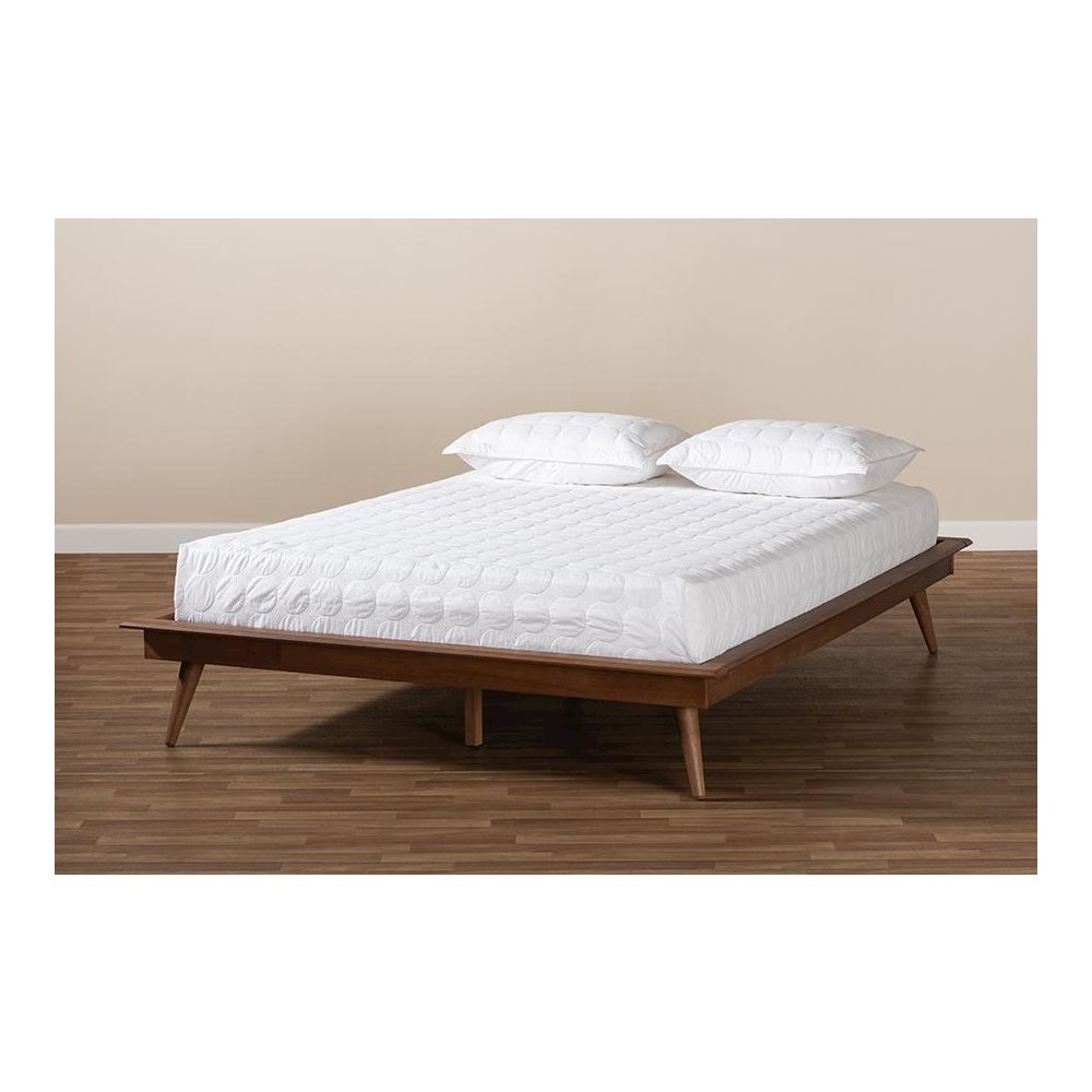 Walnut Brown Finished Wood Queen Size Platform Bed Frame