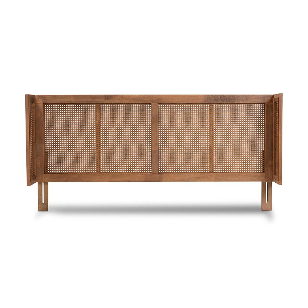 Ash Wanut Finished Wood and Synthetic Rattan Queen Size Wrap-Around Headboard