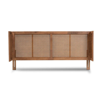 Ash Wanut Finished Wood and Synthetic Rattan Queen Size Wrap-Around Headboard