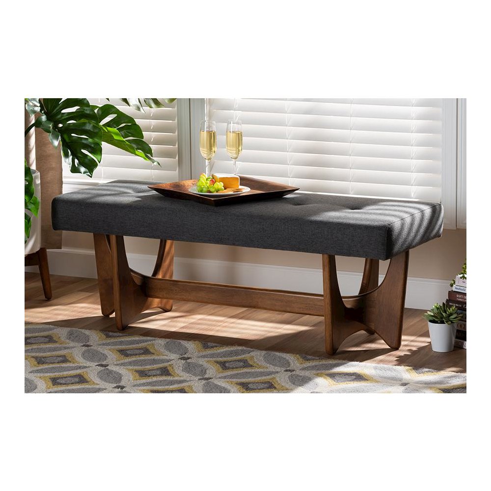 Theo Mid-Century Modern Dark Grey Fabric Upholstered Walnut Finished Bench