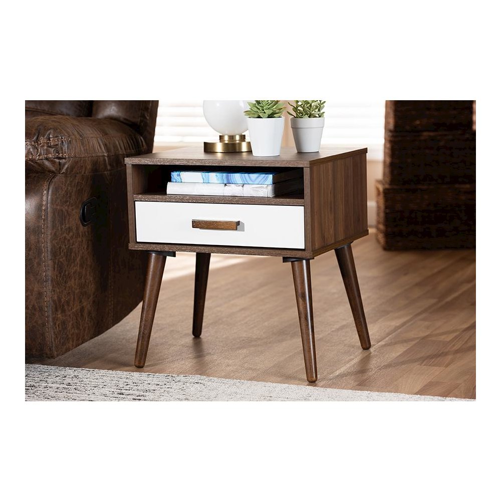 Two-Tone White and Walnut Finished 1-Drawer Wood End Table