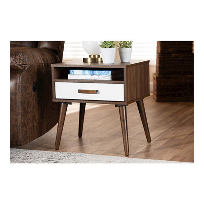 Two-Tone White and Walnut Finished 1-Drawer Wood End Table