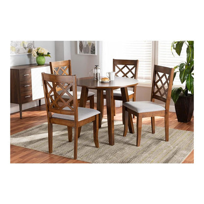 Grey Fabric Upholstered and Walnut Brown Finished Wood 5-Piece Dining Set