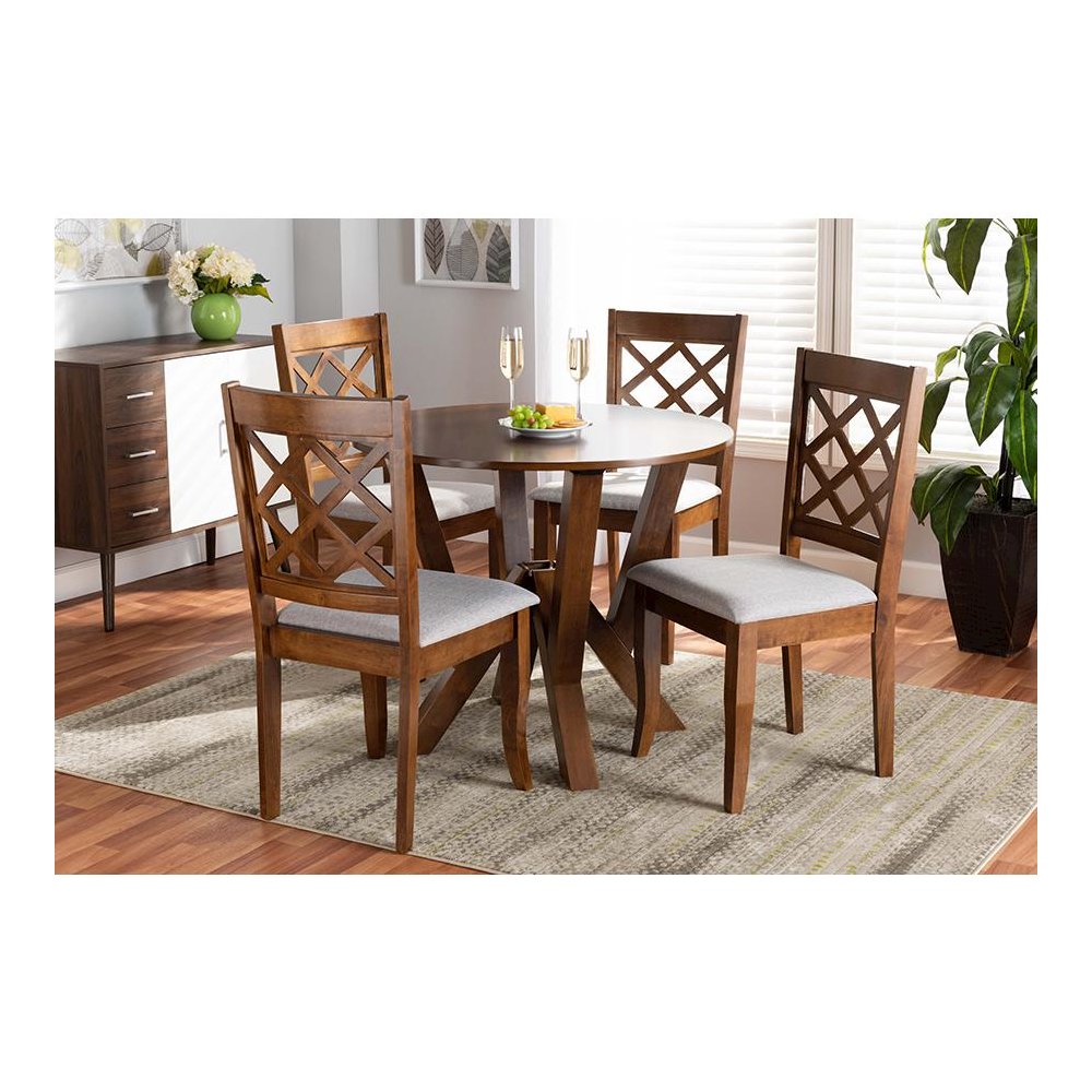 Grey Fabric Upholstered and Walnut Brown Finished Wood 5-Piece Dining Set