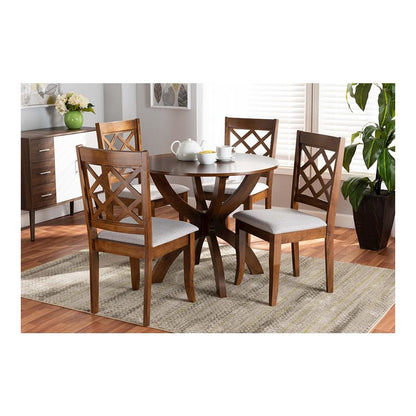 Grey Fabric Upholstered and Walnut Brown Finished Wood 5-Piece Dining Set