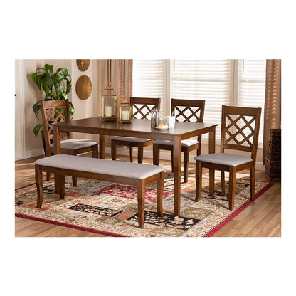 Grey Fabric Upholstered and Walnut Brown Finished Wood 6-Piece Dining Set
