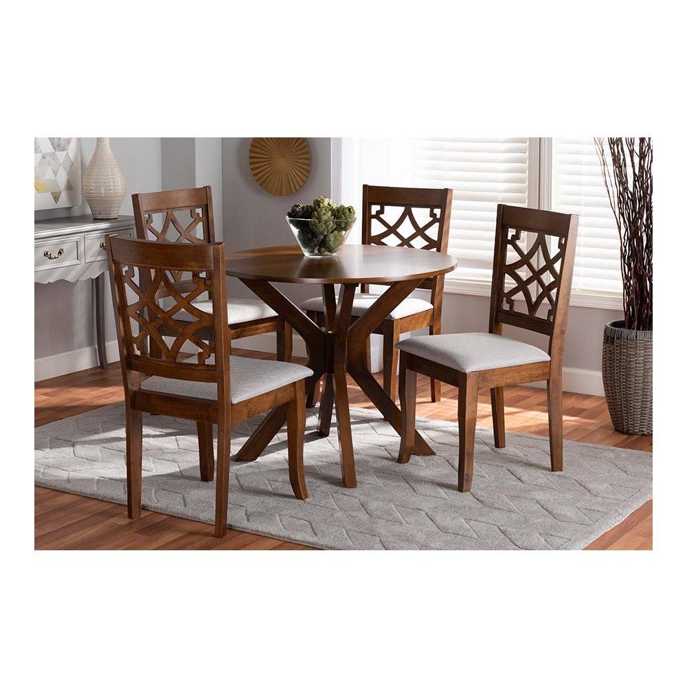 Grey Fabric Upholstered and Walnut Brown Finished Wood 5-Piece Dining Set