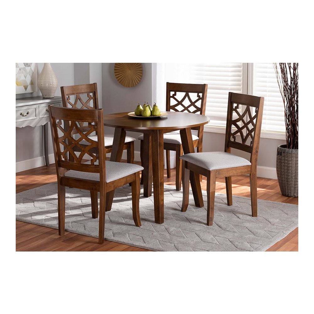 Grey Fabric Upholstered and Walnut Brown Finished Wood 5-Piece Dining Set