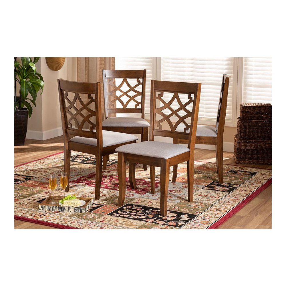Grey Fabric Upholstered Walnut Brown Finished Wood 4-Piece Dining Chair Set