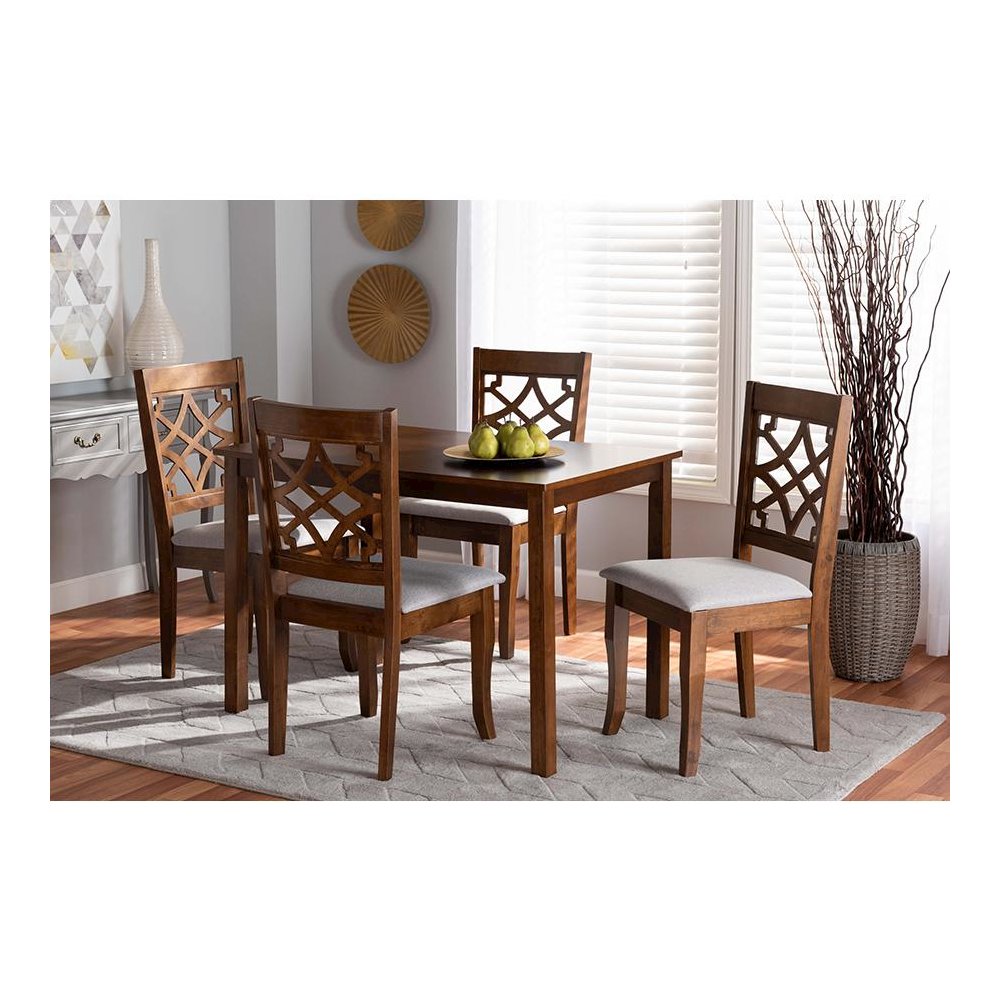 Grey Fabric Upholstered and Walnut Brown Finished Wood 5-Piece Dining Set