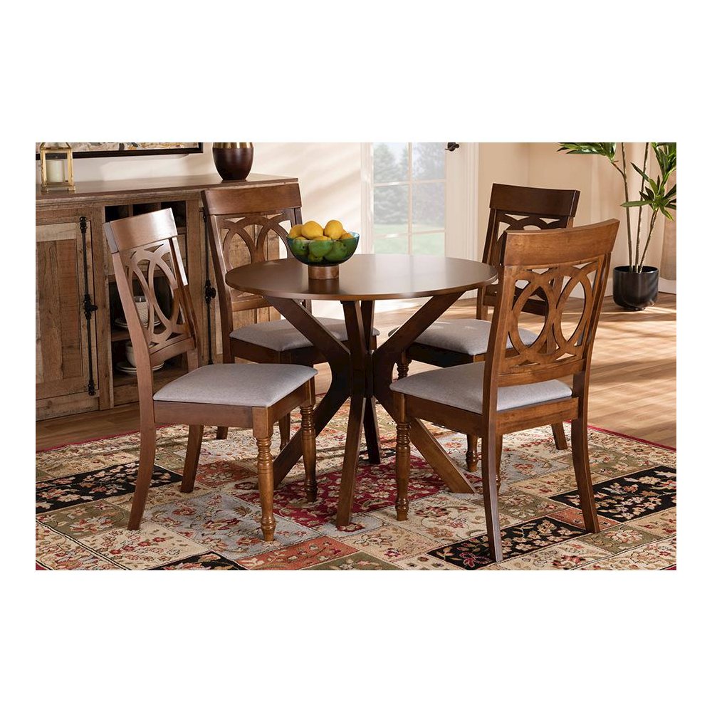 Grey Fabric Upholstered and Walnut Brown Finished Wood 5-Piece Dining Set