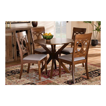 Grey Fabric Upholstered and Walnut Brown Finished Wood 5-Piece Dining Set
