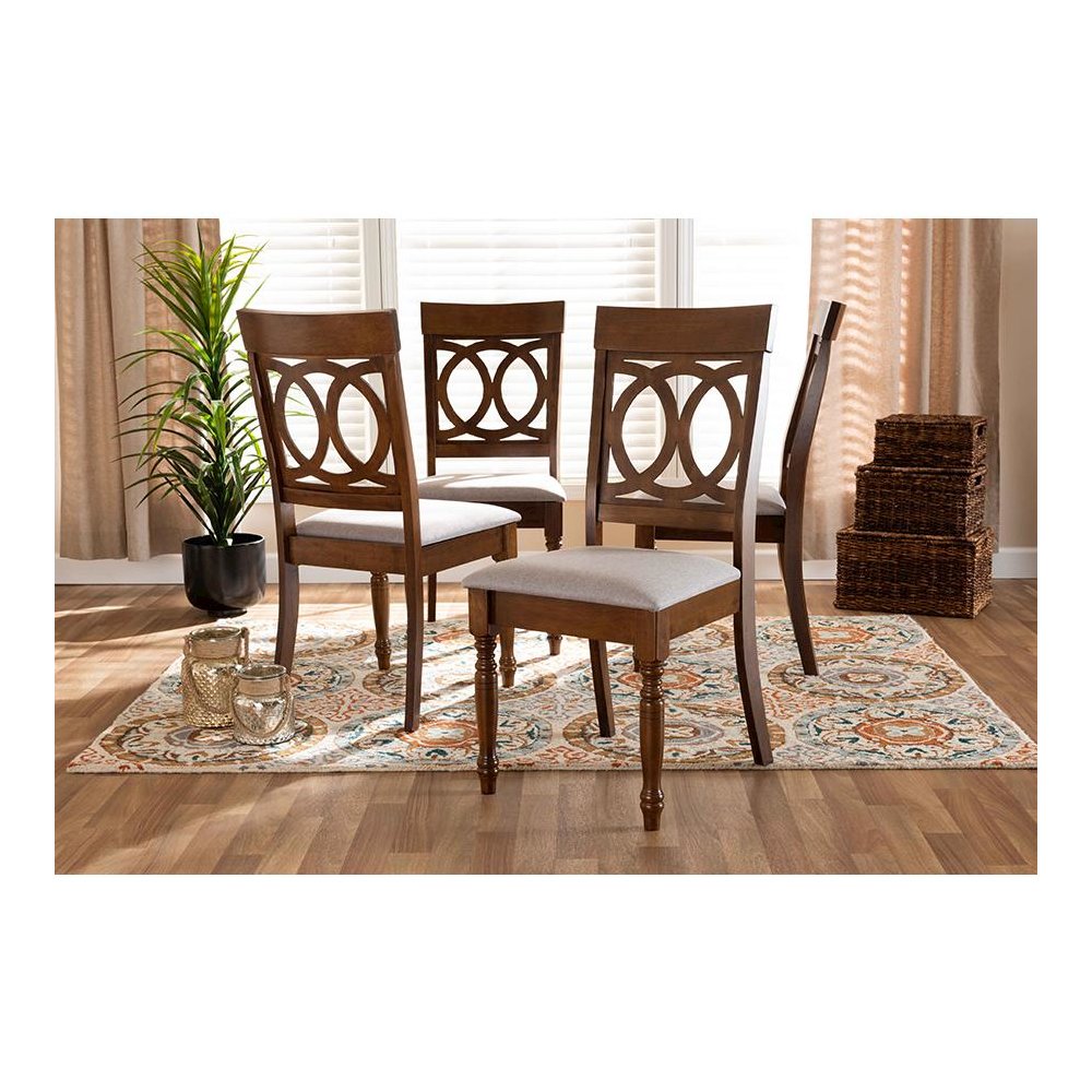 Grey Fabric Upholstered and Walnut Brown Finished Wood 4-Piece Dining Chair Set