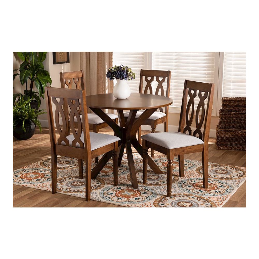 Grey Fabric Upholstered and Walnut Brown Finished Wood 5-Piece Dining Set